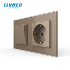 Механический проходной выключатель Livolo 1 клавиша + 1 розетка, 2 поста, Золотой
