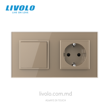 &Icirc;ntrerupător mecanic cap-scară Livolo 1 clapă + 1 priză, 2 posturi, Auriu