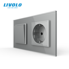 Механический проходной выключатель Livolo 1 клавиша + 1 розетка, 2 поста, Серый