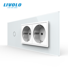 Сенсорный выключатель Livolo, 1 клавиша + 2 розетки, для квадратного подрозетника 7M, Белый