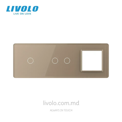 Декоративная стеклянная панель Livolo 1 клавиша + 2 клавиши + 1 розетка, 3 поста, Золотой 2.5D