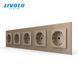 Блок из 5 розеток Livolo Schuko, 5 постов, Золотой