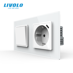 Механический проходной выключатель Livolo 1 клавиша + 1 розетка с USB-C, 2 поста, Белый