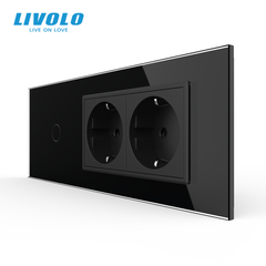 Сенсорный выключатель Livolo, 1 клавиша + 2 розетки, для квадратного подрозетника 7M, Чёрный