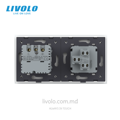 Механический проходной выключатель Livolo 1 клавиша + 1 розетка с USB-C, 2 поста, Белый