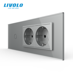 Сенсорный выключатель Livolo, 1 клавиша + 2 розетки, для квадратного подрозетника 7M, Серый