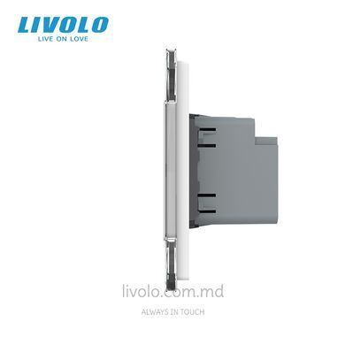 &Icirc;ntrerupător tactil Livolo 2 clape + 1 priză USB-A+USB-C 36W, 2 posturi, Alb