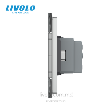 Сенсорный выключатель Livolo, 1 клавиша + 2 розетки, для квадратного подрозетника 7M, Серый