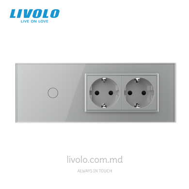 Сенсорный выключатель Livolo, 1 клавиша + 2 розетки, для квадратного подрозетника 7M, Серый