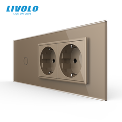 Сенсорный выключатель Livolo, 1 клавиша + 2 розетки, для квадратного подрозетника 7M, Золотой