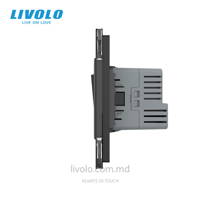 &Icirc;ntrerupător mecanic cap-scară Livolo 1 clapă + 1 priză cu USB-C, 2 posturi, Negru