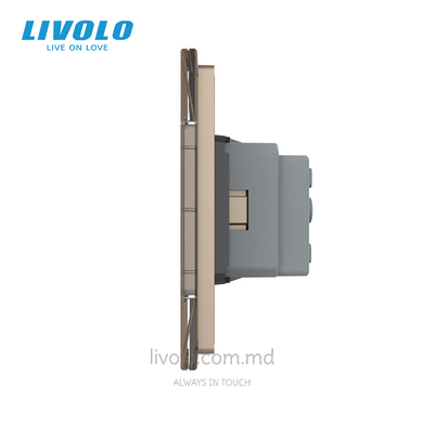 Сенсорный выключатель Livolo, 1 клавиша + 2 розетки, для квадратного подрозетника 7M, Золотой