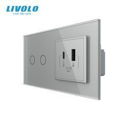 &Icirc;ntrerupător tactil Livolo 2 clape + 1 priză USB-A+USB-C 36W, 2 posturi, Gri