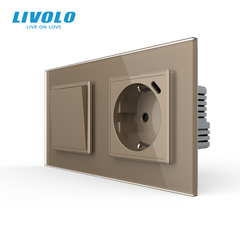 Механический проходной выключатель Livolo 1 клавиша + 1 розетка с USB-C, 2 поста, Золотой