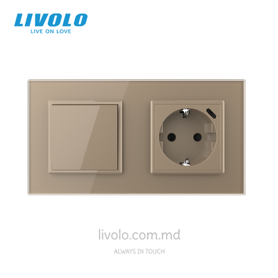 Механический проходной выключатель Livolo 1 клавиша + 1 розетка с USB-C, 2 поста, Золотой