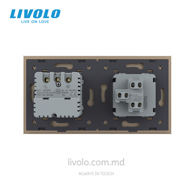 Механический проходной выключатель Livolo 1 клавиша + 1 розетка с USB-C, 2 поста, Золотой