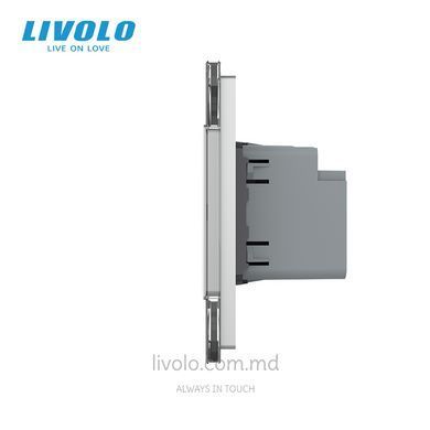 &Icirc;ntrerupător tactil Livolo 2 clape + 1 priză USB-A+USB-C 36W, 2 posturi, Gri