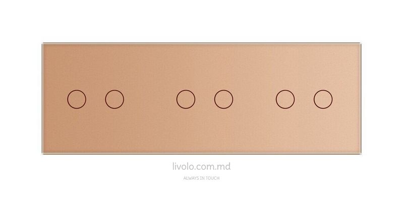 Сенсорный проходной выключатель Livolo 6 клавиш (2+2+2), 3 модуля Золотой