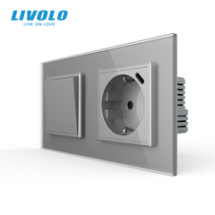 Механический проходной выключатель Livolo 1 клавиша + 1 розетка с USB-C, 2 поста, Серый