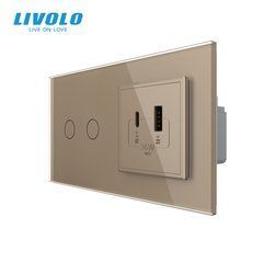&Icirc;ntrerupător tactil Livolo 2 clape + 1 priză USB-A+USB-C 36W, 2 posturi, Auriu