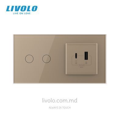 &Icirc;ntrerupător tactil Livolo 2 clape + 1 priză USB-A+USB-C 36W, 2 posturi, Auriu