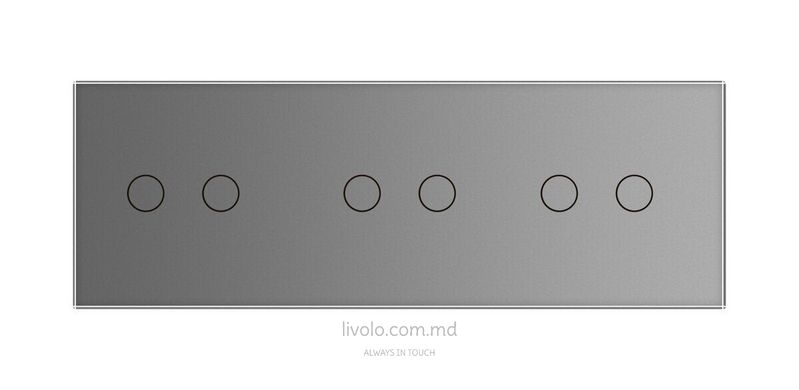 Сенсорный проходной выключатель Livolo 6 клавиш (2+2+2), 3 модуля Серый