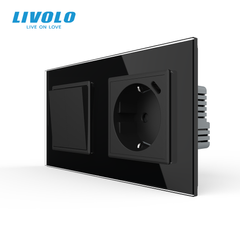 Механический проходной выключатель Livolo 2 клавиши + 1 розетка с USB-C, 2 поста, Черный
