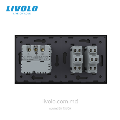 Механический проходной выключатель Livolo 2 клавиши + 1 розетка с USB-C, 2 поста, Черный