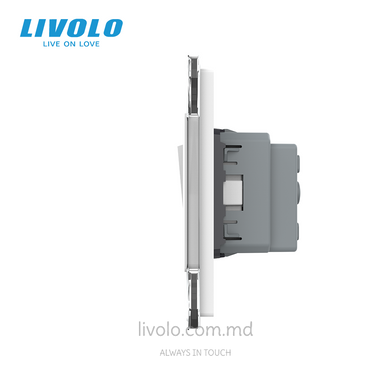 Механический проходной выключатель Livolo 2 клавиши + 1 розетка, 2 поста, Белый
