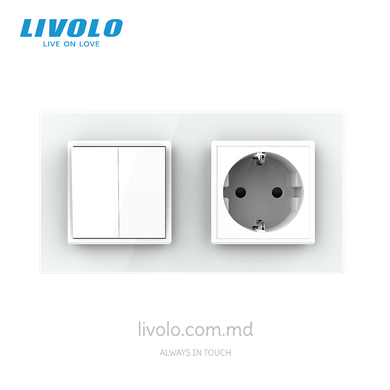 Механический проходной выключатель Livolo 2 клавиши + 1 розетка, 2 поста, Белый
