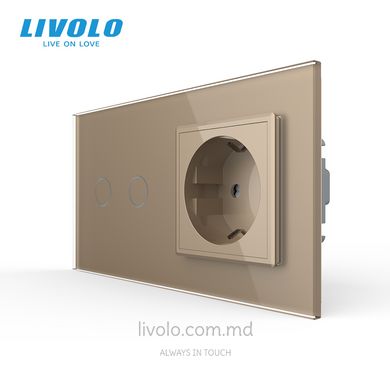 Сенсорный выключатель Livolo комбинированный на 2 линии 1 розетка 2 модуля Золотой