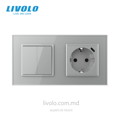 Механический проходной выключатель Livolo 2 клавиши + 1 розетка с USB-C, 2 поста, Серый