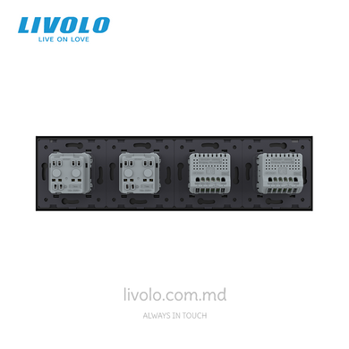 &Icirc;ntrerupător tactil Livolo 2+2 clape + 2 prize, 4 posturi, Negru