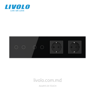 &Icirc;ntrerupător tactil Livolo 2+2 clape + 2 prize, 4 posturi, Negru