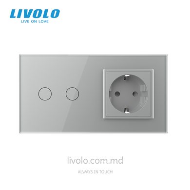 Сенсорный выключатель Livolo 2 клавиши + 1 розетка, 2 поста, Серый