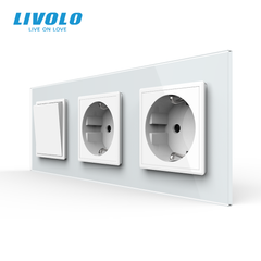 Механический проходной выключатель Livolo 1 клавиша + 2 розетки, 3 поста, Белый