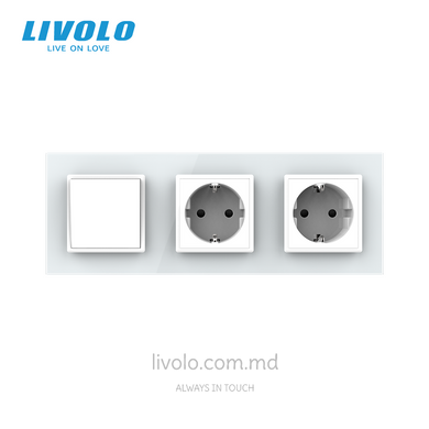 Механический проходной выключатель Livolo 1 клавиша + 2 розетки, 3 поста, Белый