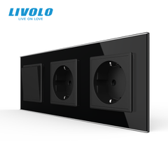 Механический проходной выключатель Livolo 1 клавиша + 2 розетки, 3 поста, Черный