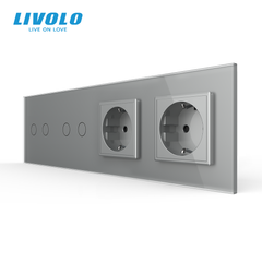 &Icirc;ntrerupător tactil Livolo 2+2 clape + 2 prize, 4 posturi, Gri