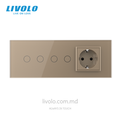 &Icirc;ntrerupător tactil Livolo, 2+2 clape + 1 priză, pentru doză pătrată 7M, Auriu