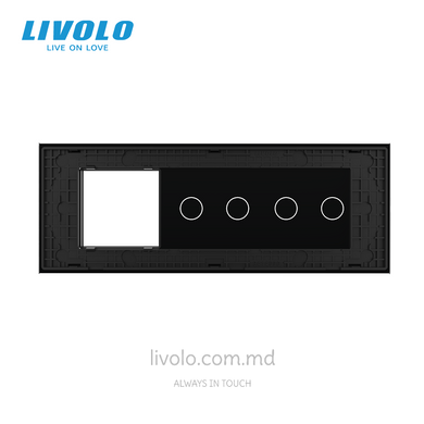 Panou din sticlă Livolo pentru doză pătrată, 2 clape + 2 clape + cadru modular 45&times;45 mm, 7 module, Negru