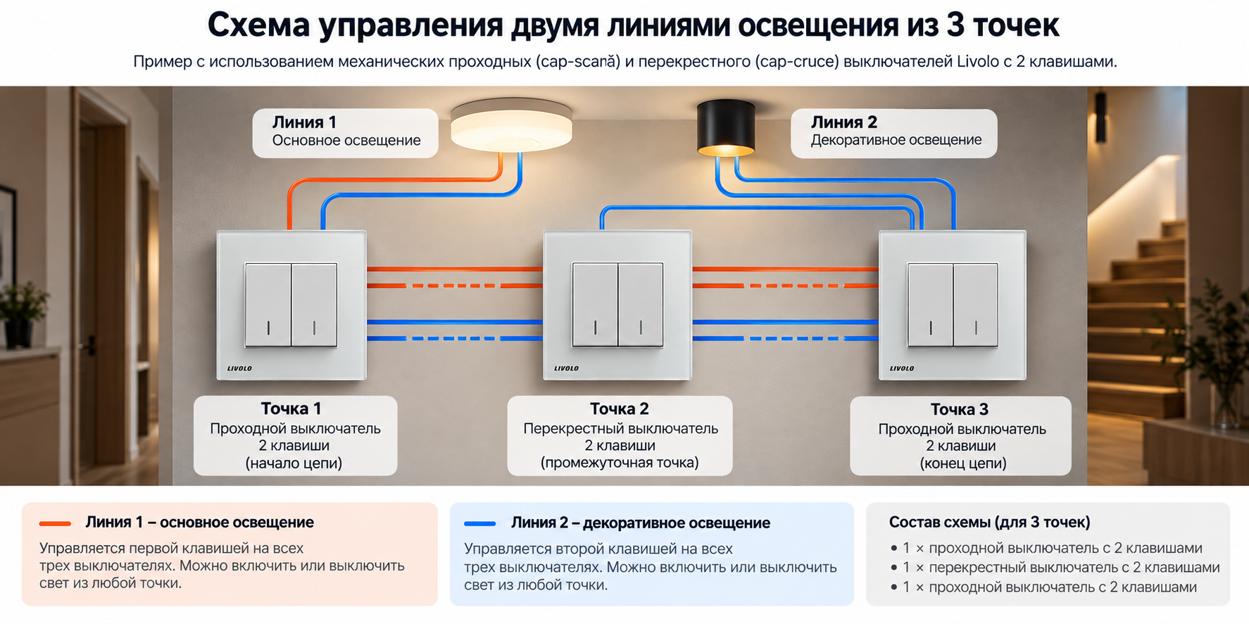 Управление двумя линиями освещения из трех точек